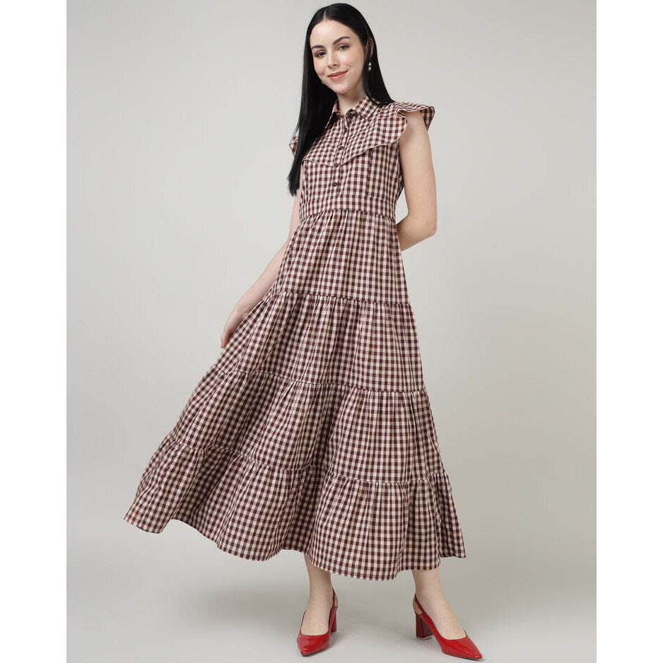 Maroon Checks 4 Tier Long Double Collar Dress
