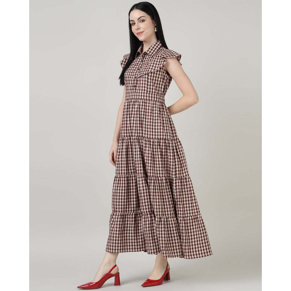 Maroon Checks 4 Tier Long Double Collar Dress