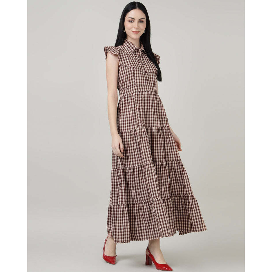 Maroon Checks 4 Tier Long Double Collar Dress