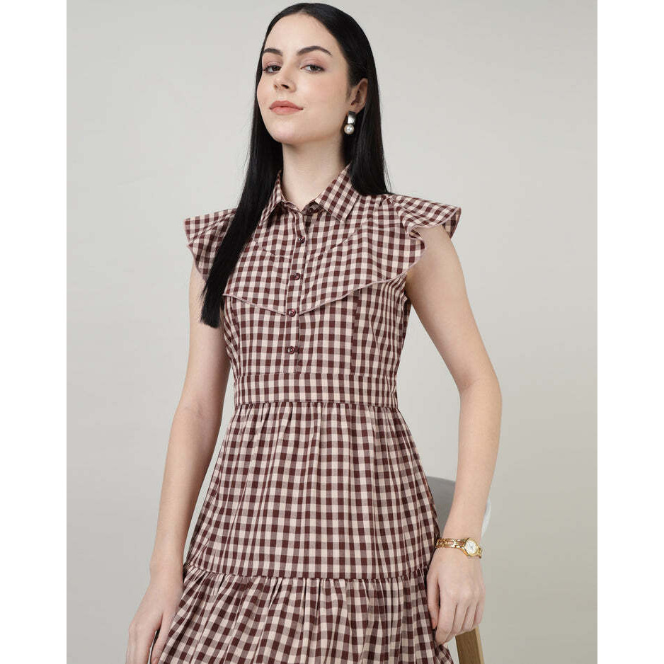 Maroon Checks 4 Tier Long Double Collar Dress