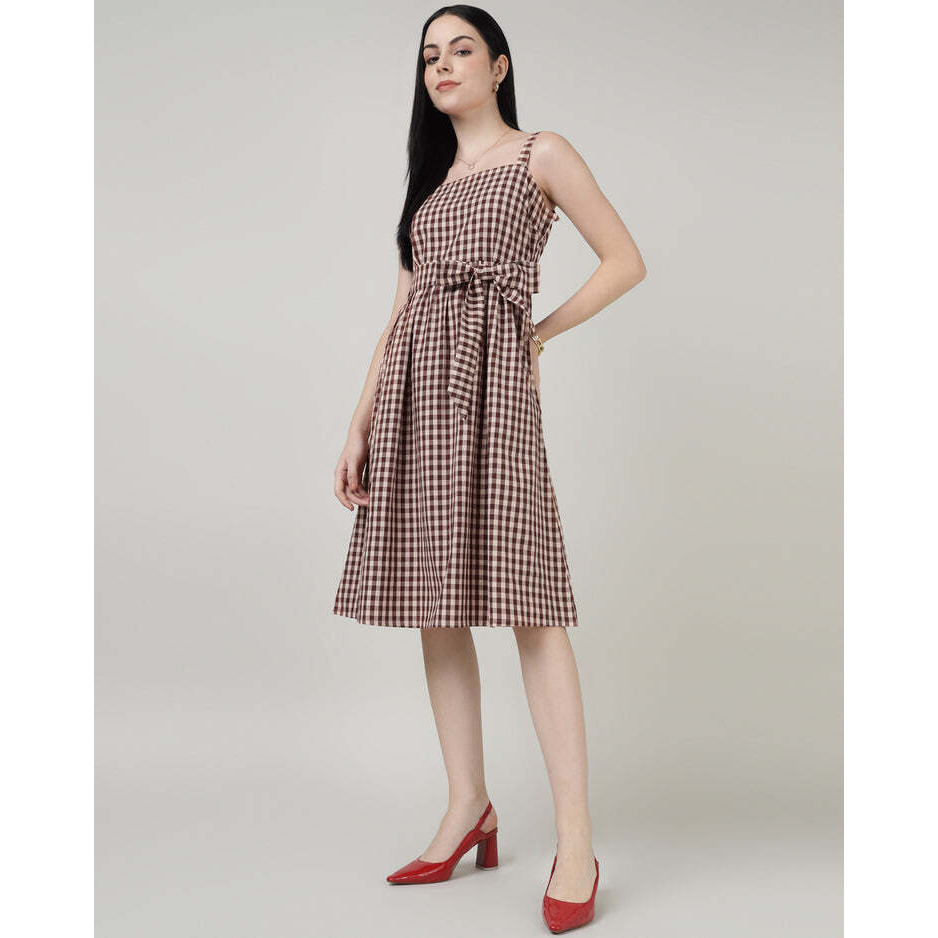 Maroon Checks Strap A Line Dress