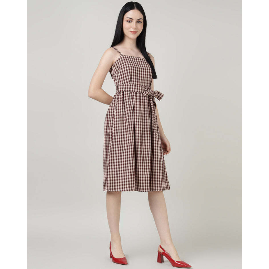 Maroon Checks Strap A Line Dress