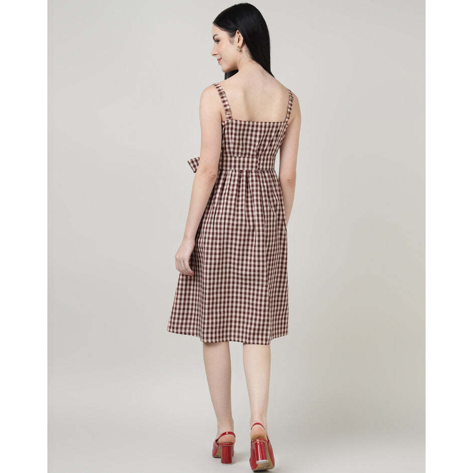 Maroon Checks Strap A Line Dress