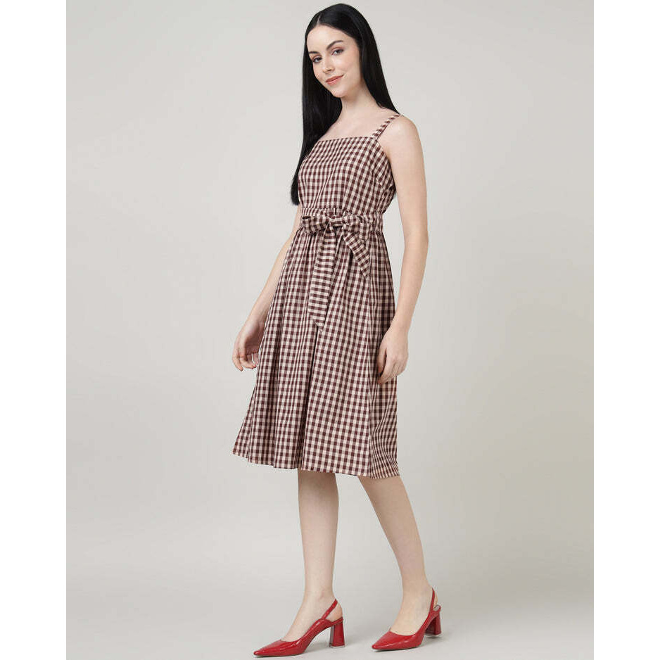 Maroon Checks Strap A Line Dress