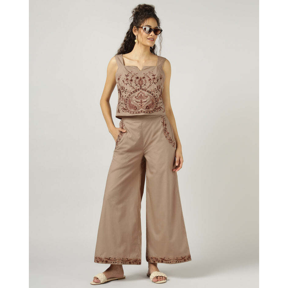Mocha Embroidered Co-ord Set in Poplin Fabric