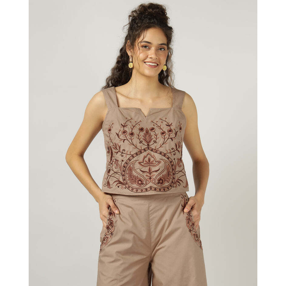 Mocha Embroidered Co-ord Set in Poplin Fabric