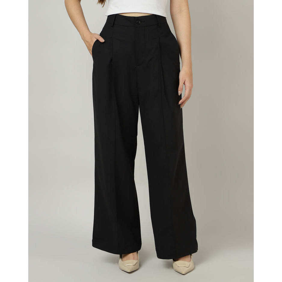 Black Pleated Wide-Leg korean Pants