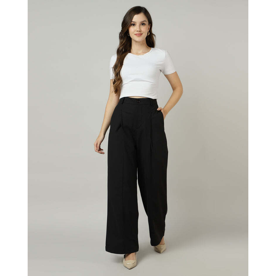 Black Pleated Wide-Leg korean Pants