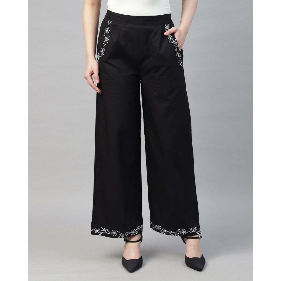 Black Poplin Embroidered High Waist Trouser for Women