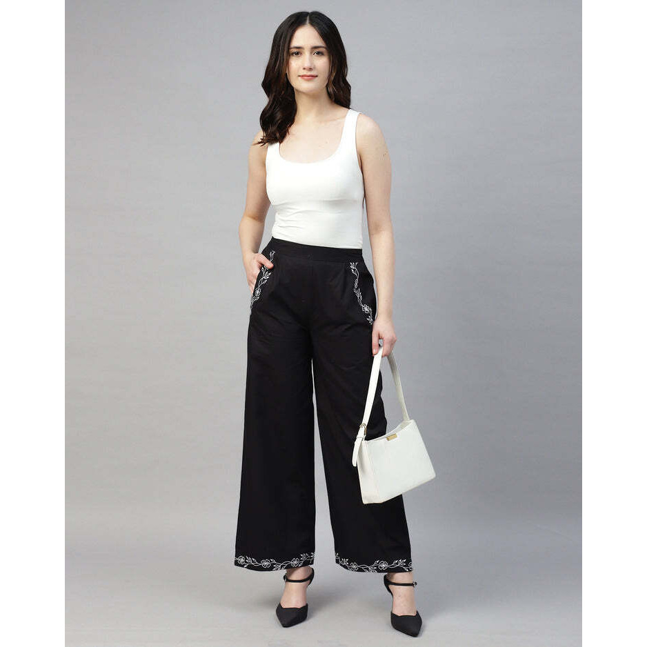 Black Poplin Embroidered High Waist Trouser for Women