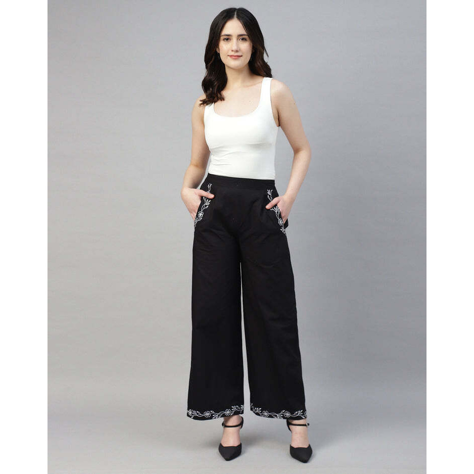 Black Poplin Embroidered High Waist Trouser for Women