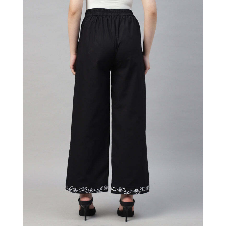 Black Poplin Embroidered High Waist Trouser for Women