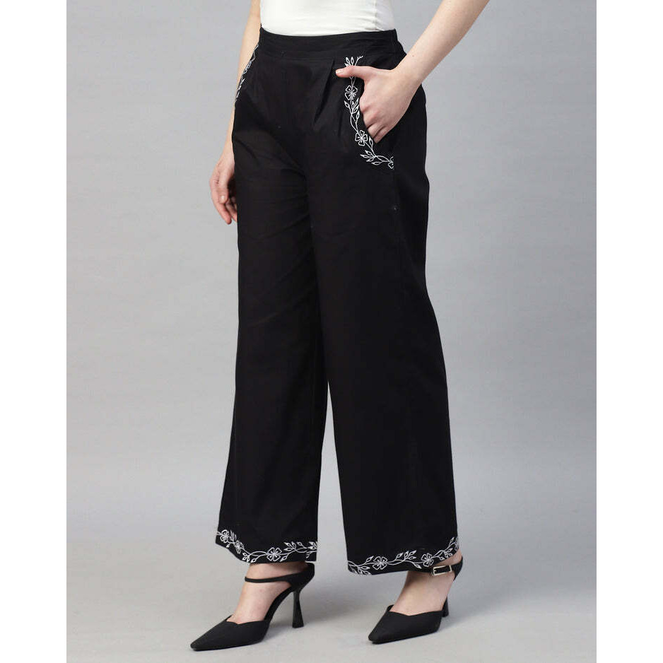 Black Poplin Embroidered High Waist Trouser for Women
