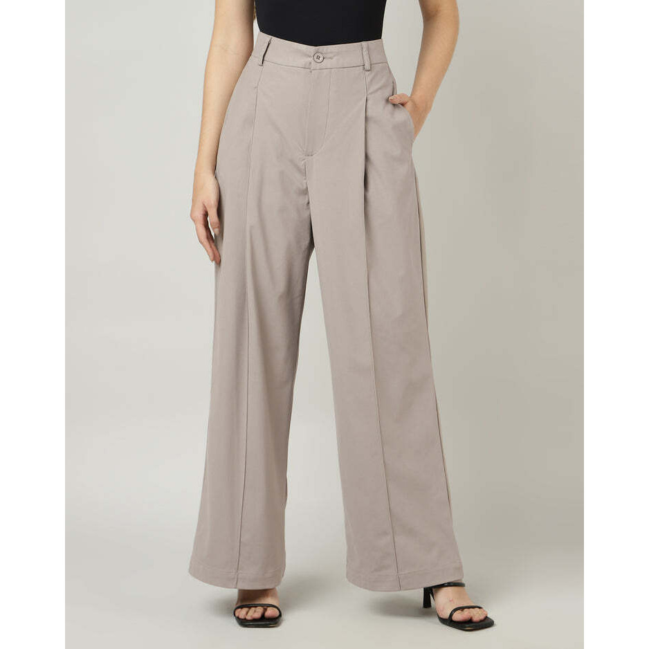 Korean Style Taupe Wide-Leg Pleated Pants