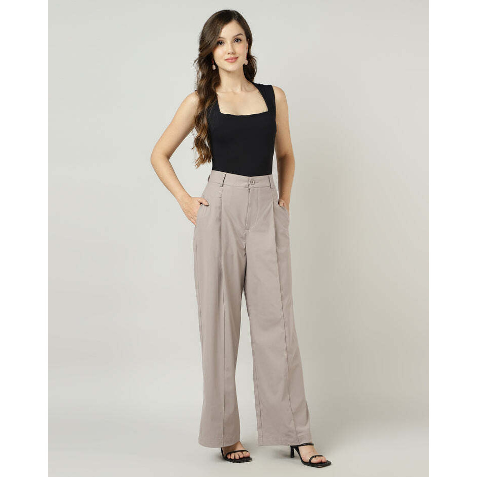 Korean Style Taupe Wide-Leg Pleated Pants