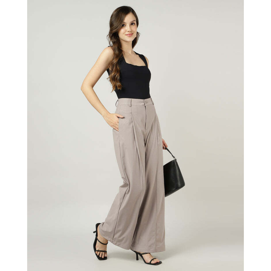 Korean Style Taupe Wide-Leg Pleated Pants
