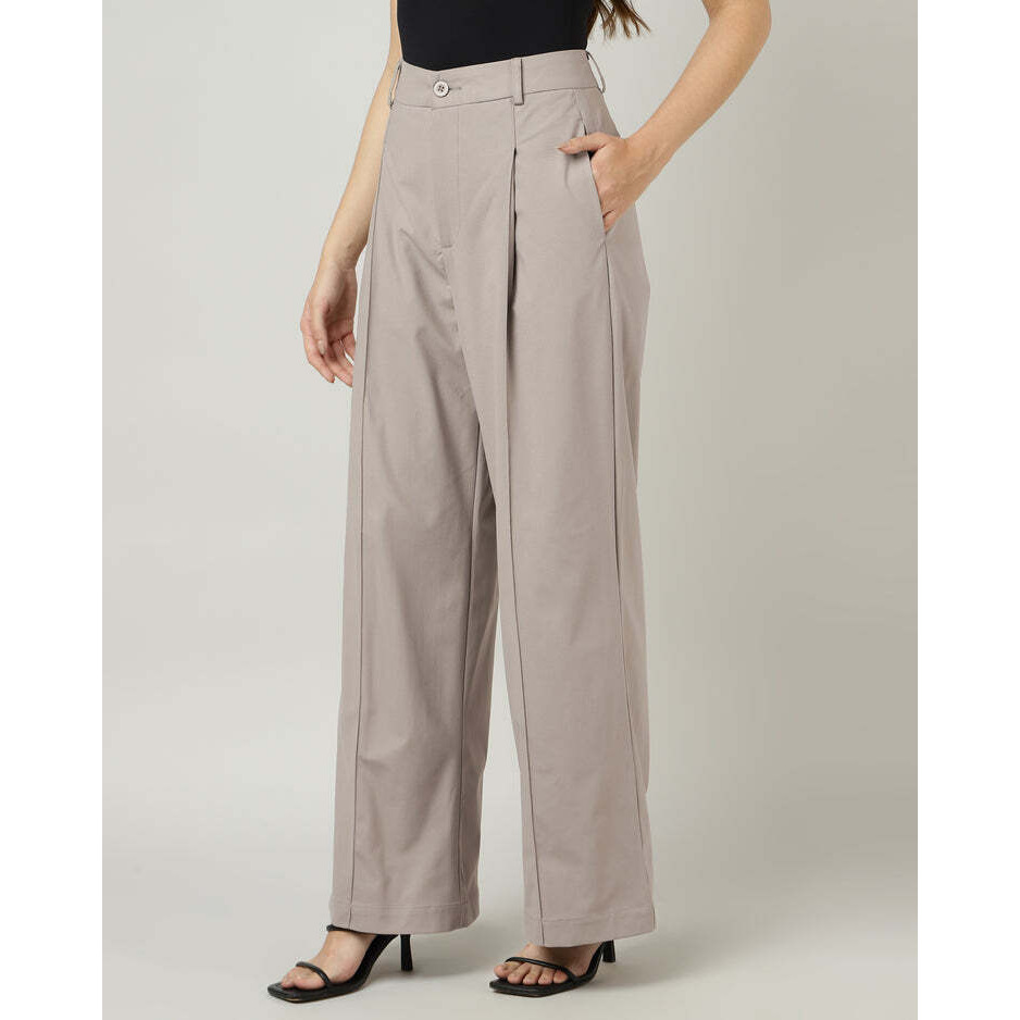Korean Style Taupe Wide-Leg Pleated Pants