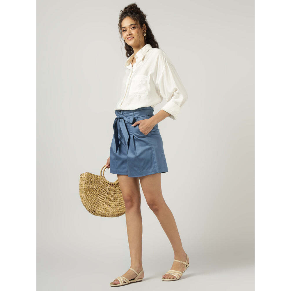 Womens Blue Belted Wide-Leg Shorts