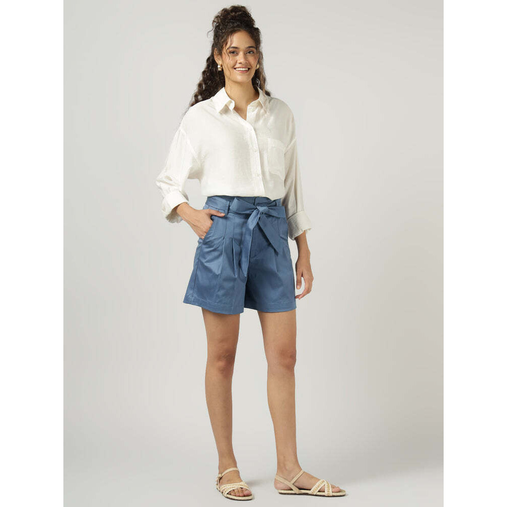 Womens Blue Belted Wide-Leg Shorts