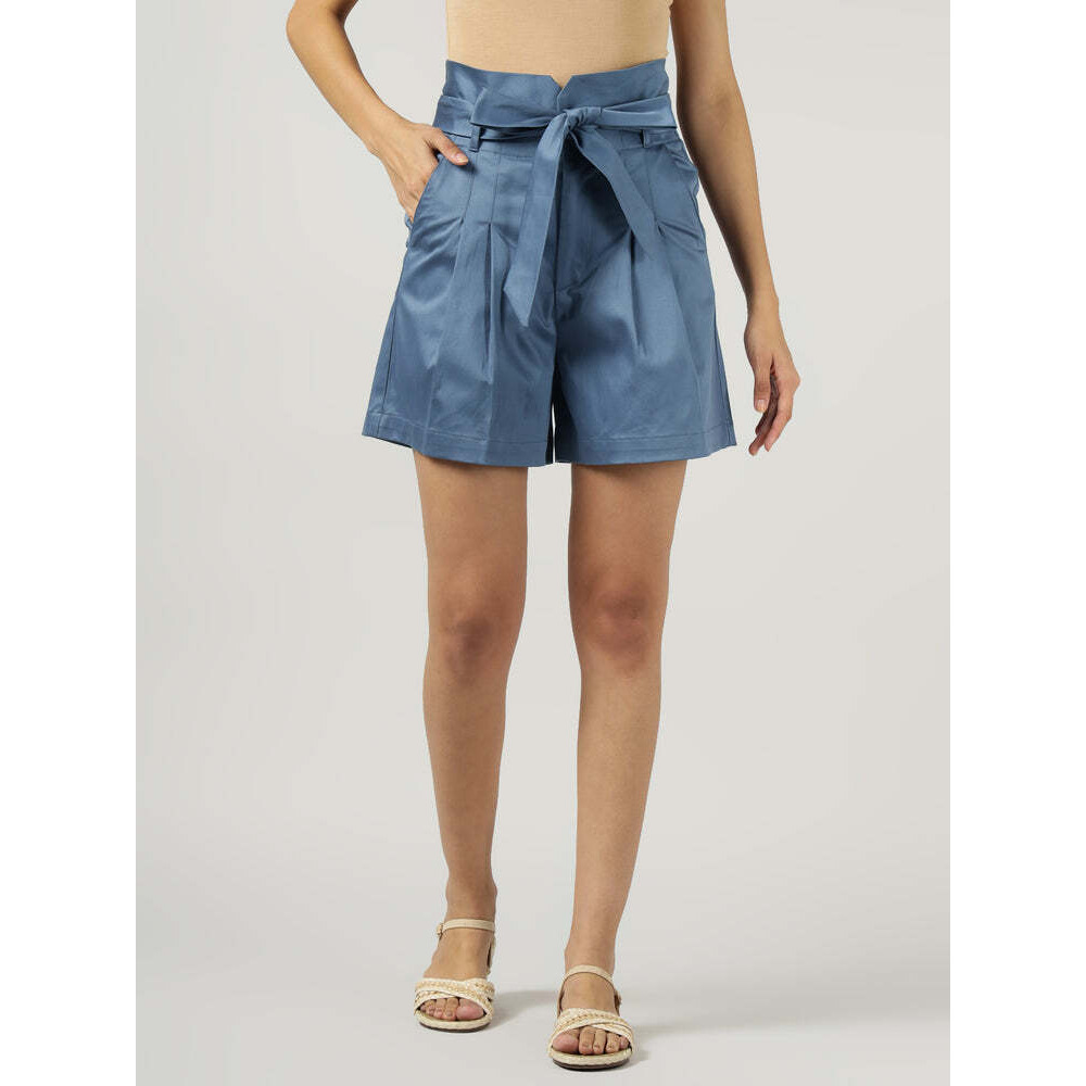 Womens Blue Belted Wide-Leg Shorts