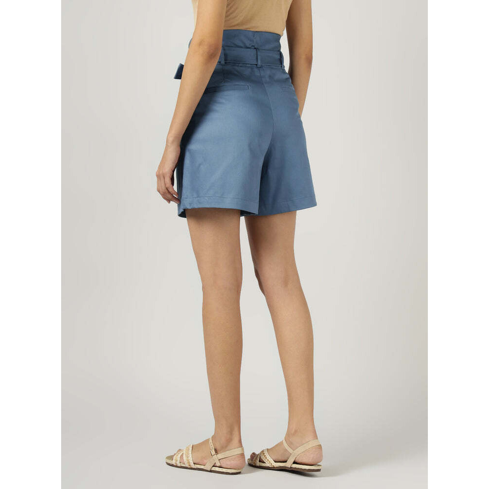 Womens Blue Belted Wide-Leg Shorts