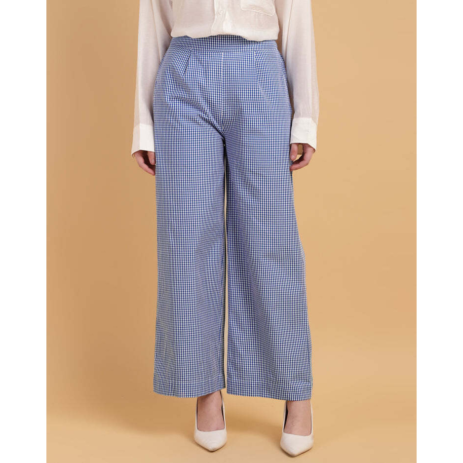 Wide-Leg Blue Gingham Trousers - Slip On