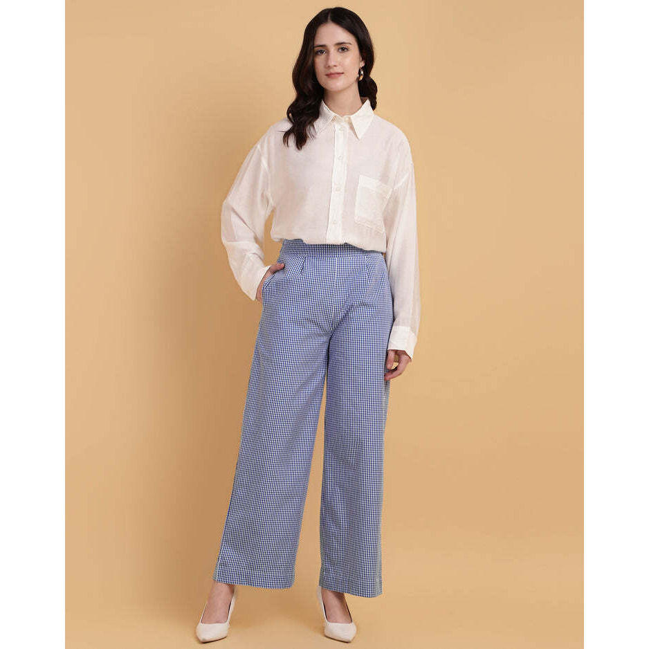 Wide-Leg Blue Gingham Trousers - Slip On