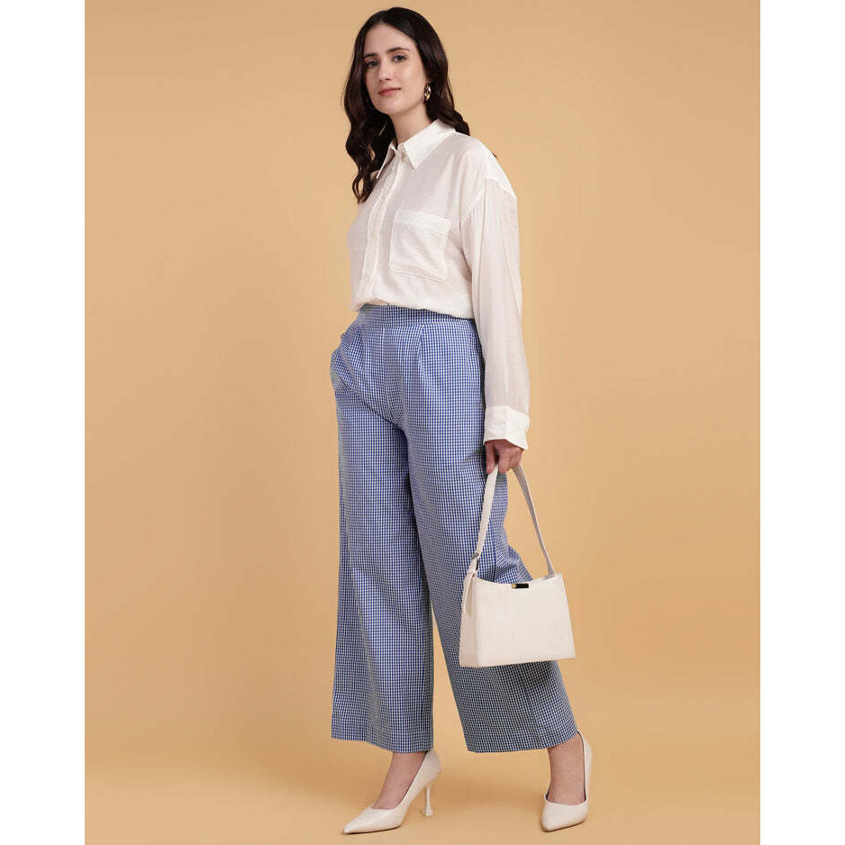 Wide-Leg Blue Gingham Trousers - Slip On