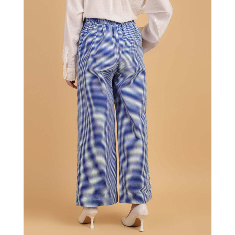 Wide-Leg Blue Gingham Trousers - Slip On