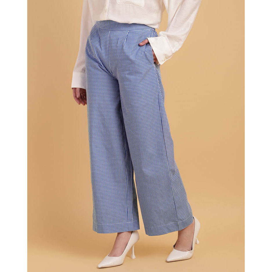 Wide-Leg Blue Gingham Trousers - Slip On