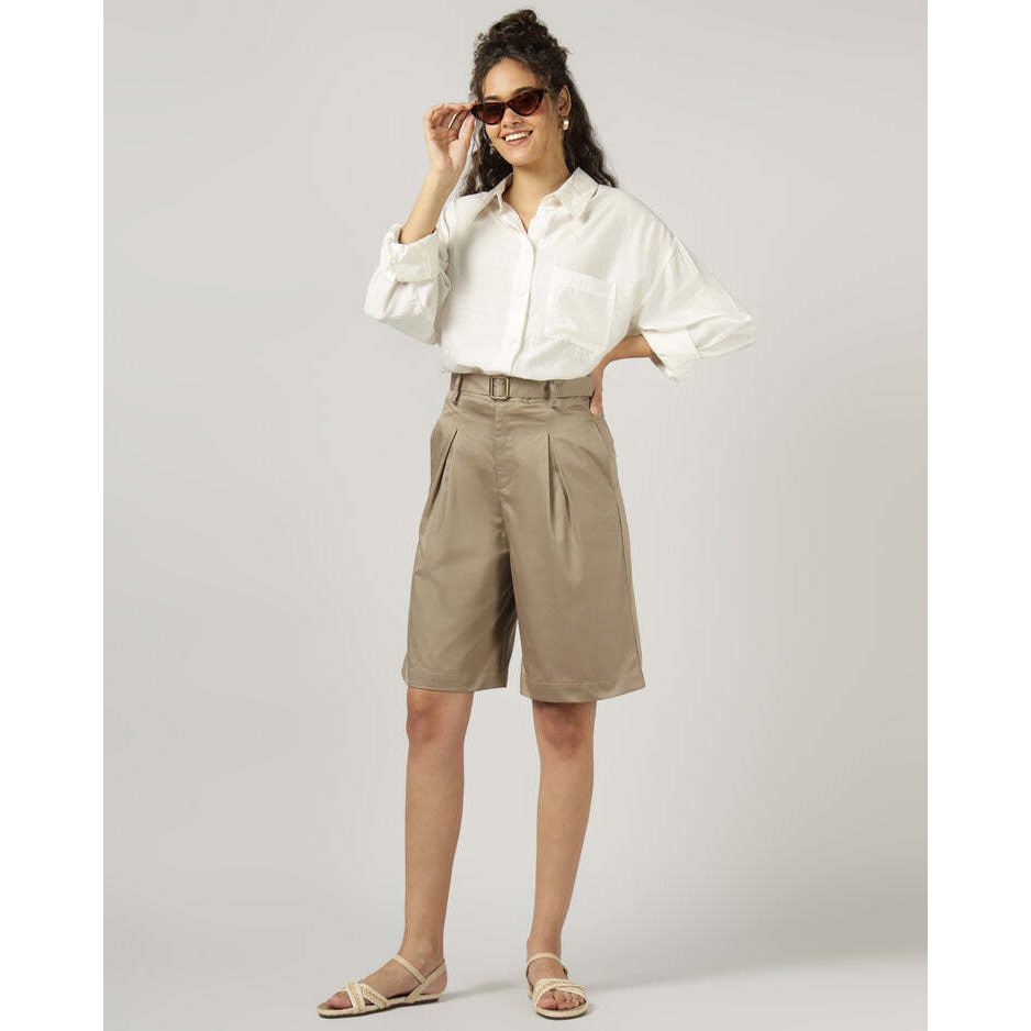 Womens Khaki Pleated Shorts with Belt