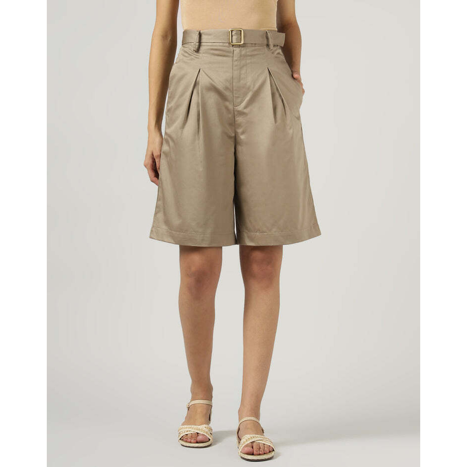 Womens Khaki Pleated Shorts with Belt