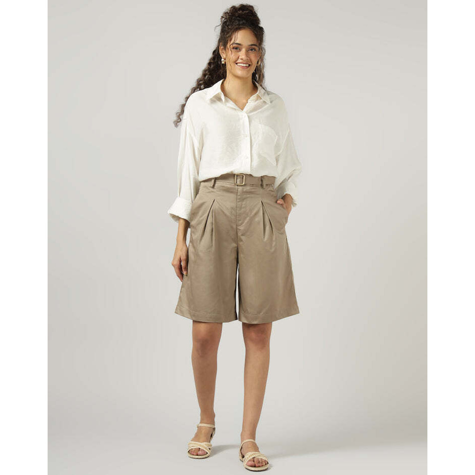 Womens Khaki Pleated Shorts with Belt