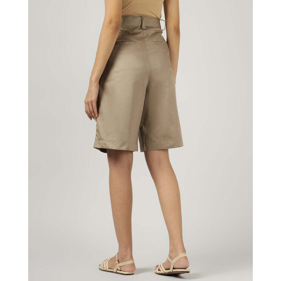 Womens Khaki Pleated Shorts with Belt