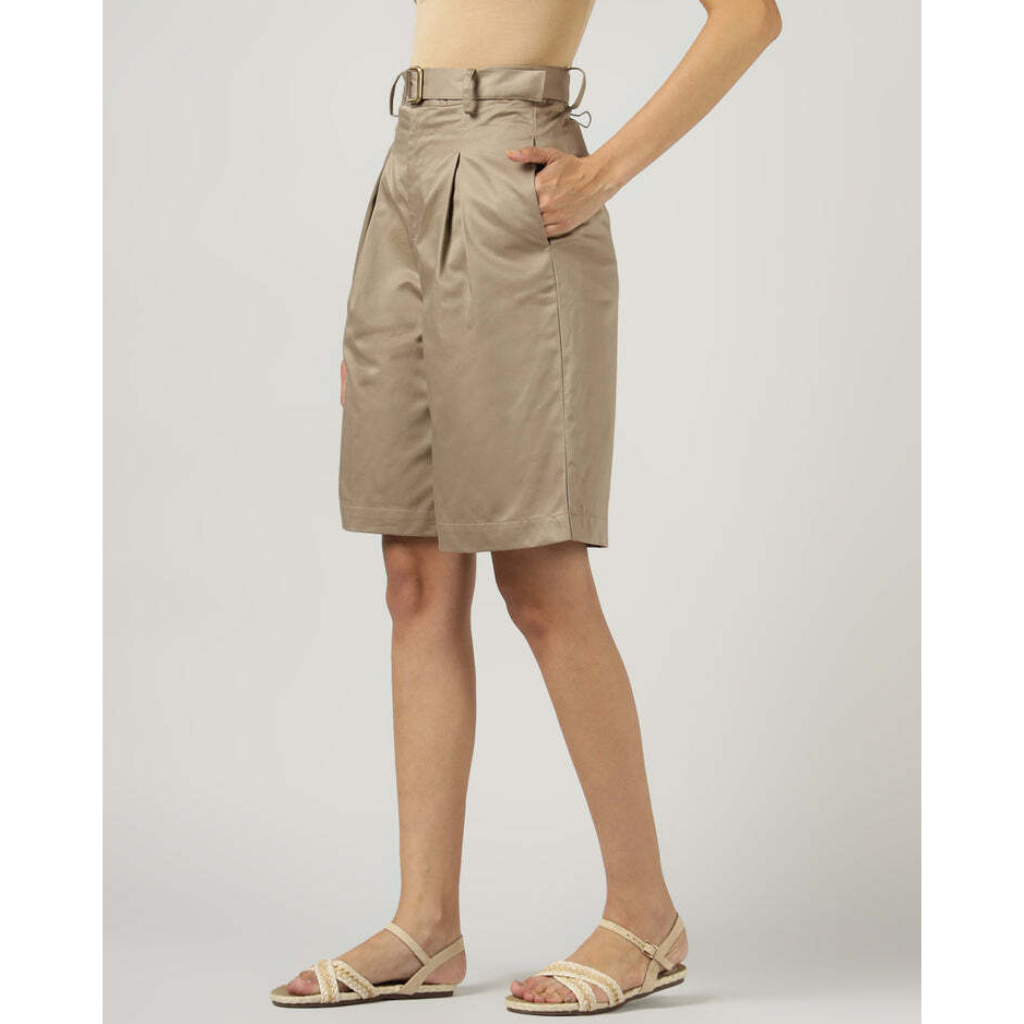 Womens Khaki Pleated Shorts with Belt