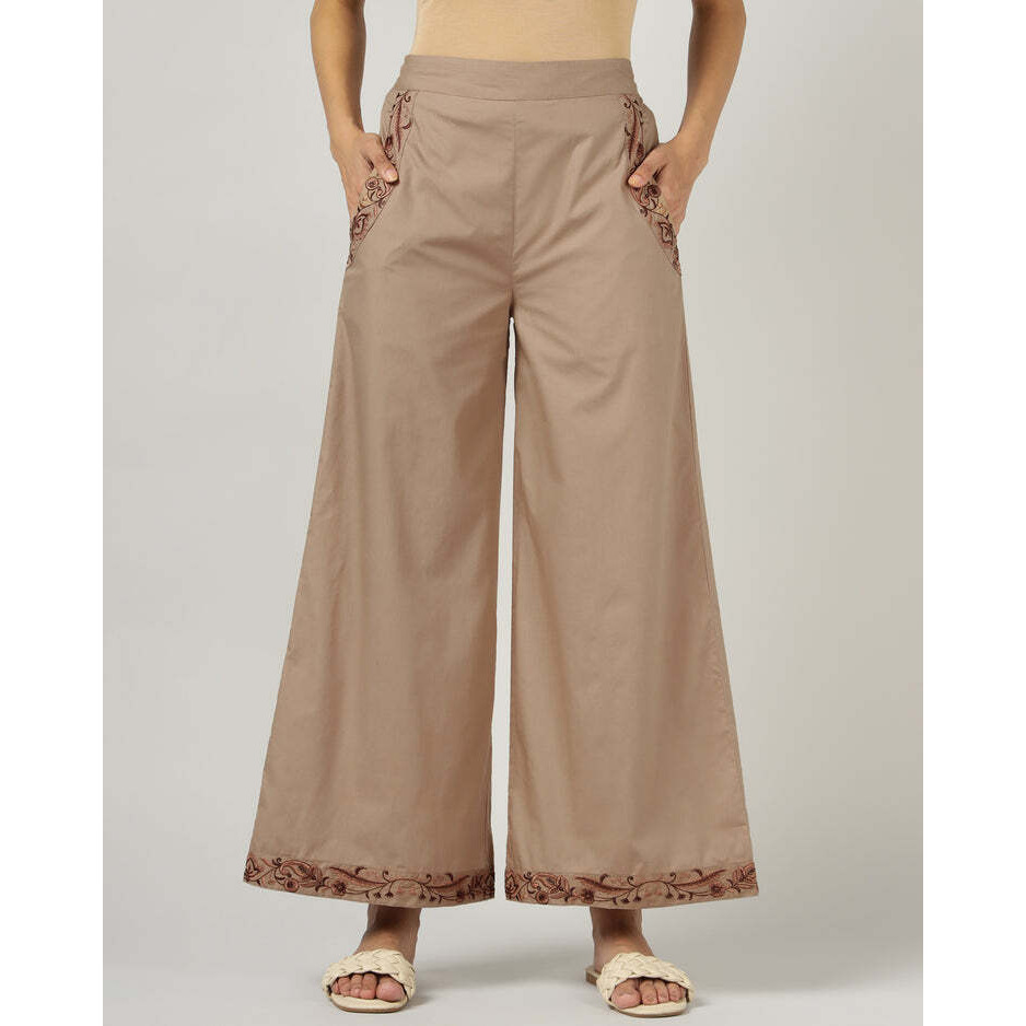 Mocha Wide-Leg Embroidered Trousers