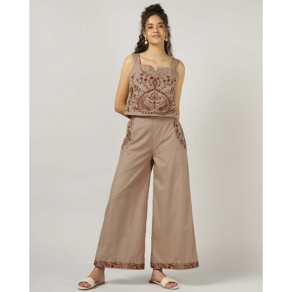 Mocha Wide-Leg Embroidered Trousers
