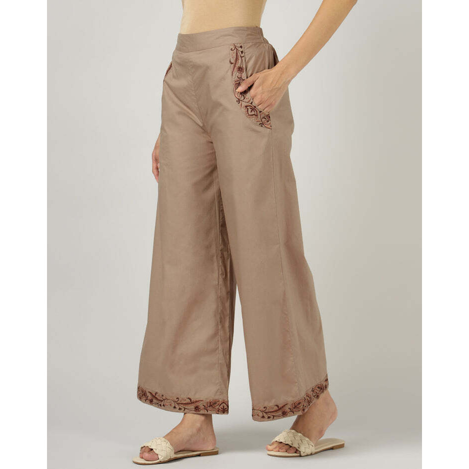 Mocha Wide-Leg Embroidered Trousers