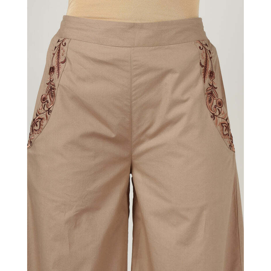 Mocha Wide-Leg Embroidered Trousers