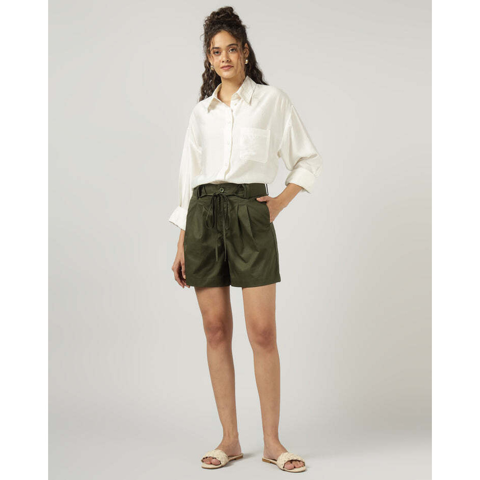 Womens Dark Olive Green High-Waisted Wide-Leg Shorts