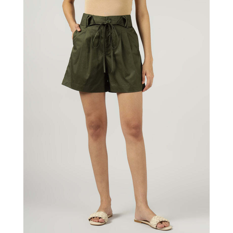 Womens Dark Olive Green High-Waisted Wide-Leg Shorts