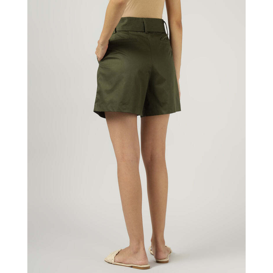 Womens Dark Olive Green High-Waisted Wide-Leg Shorts