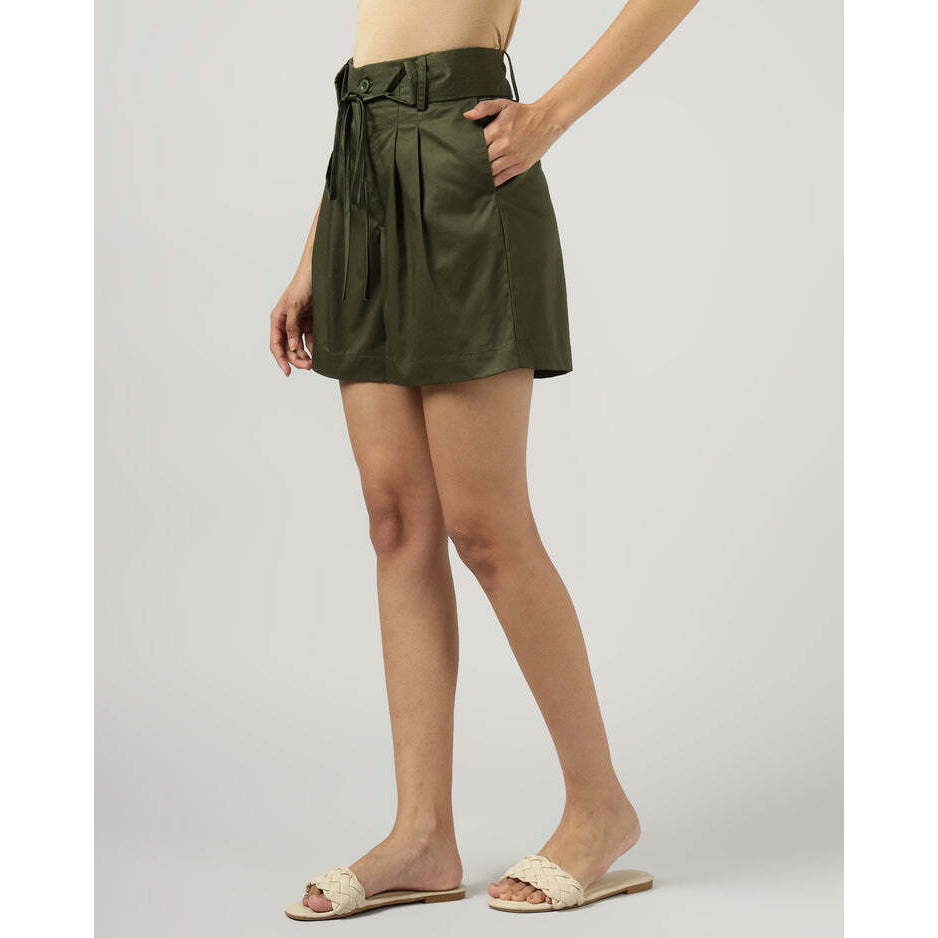 Womens Dark Olive Green High-Waisted Wide-Leg Shorts