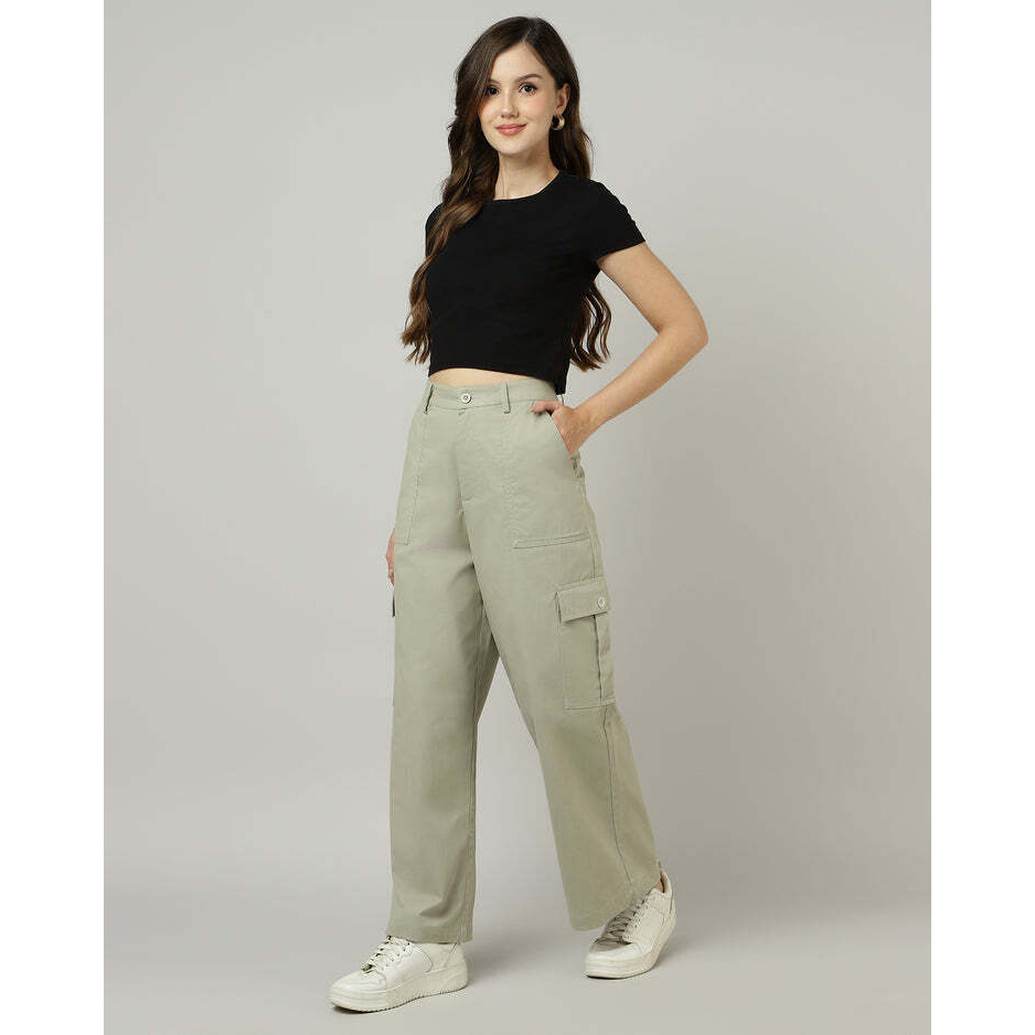 Sage Green Wide-Leg Cargo Pants with Flap Pockets
