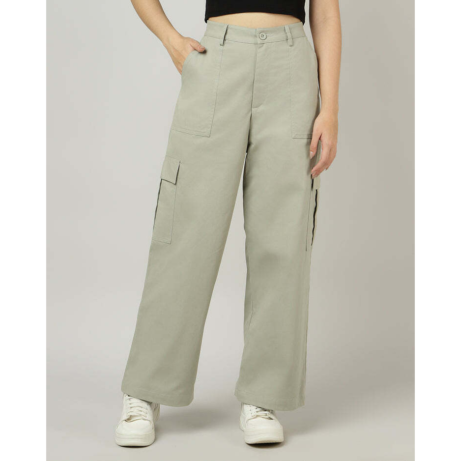 Sage Green Wide-Leg Cargo Pants with Flap Pockets