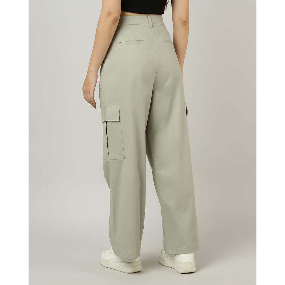 Sage Green Wide-Leg Cargo Pants with Flap Pockets