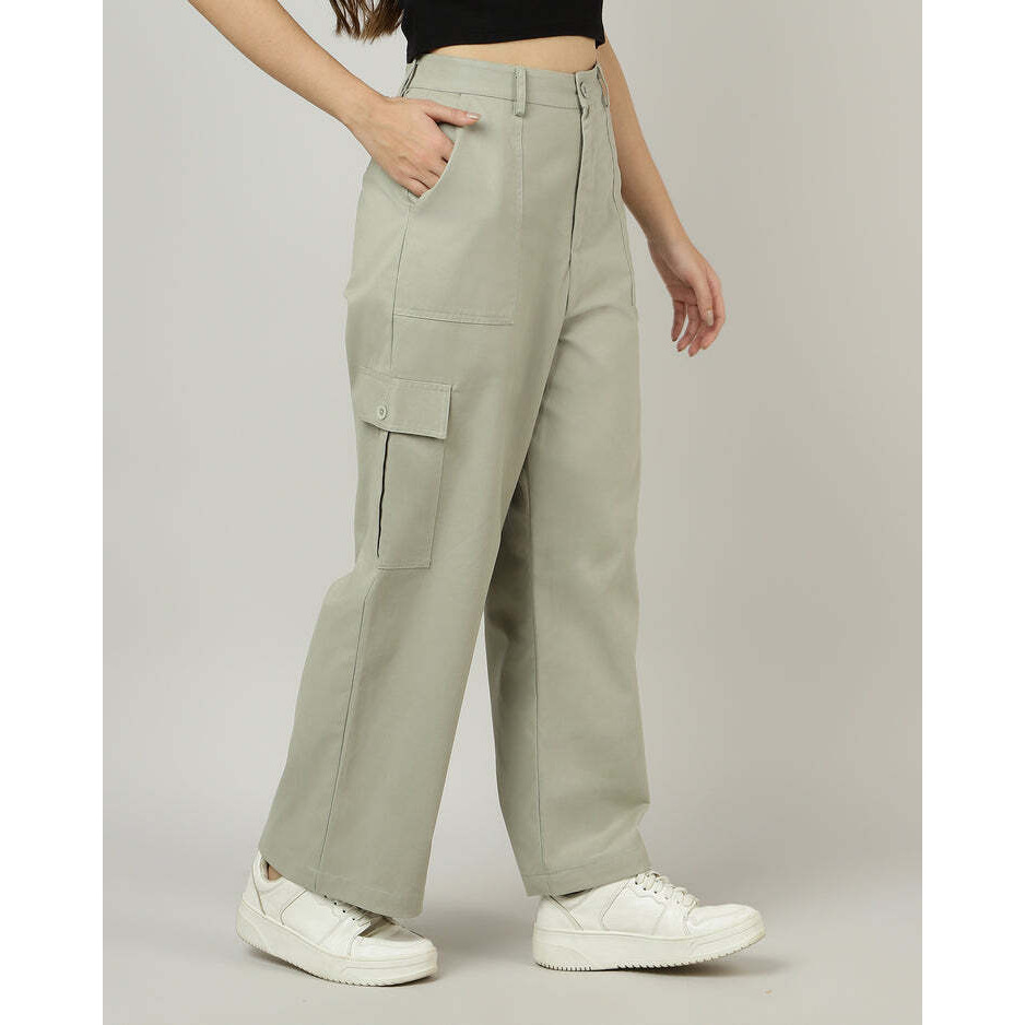 Sage Green Wide-Leg Cargo Pants with Flap Pockets