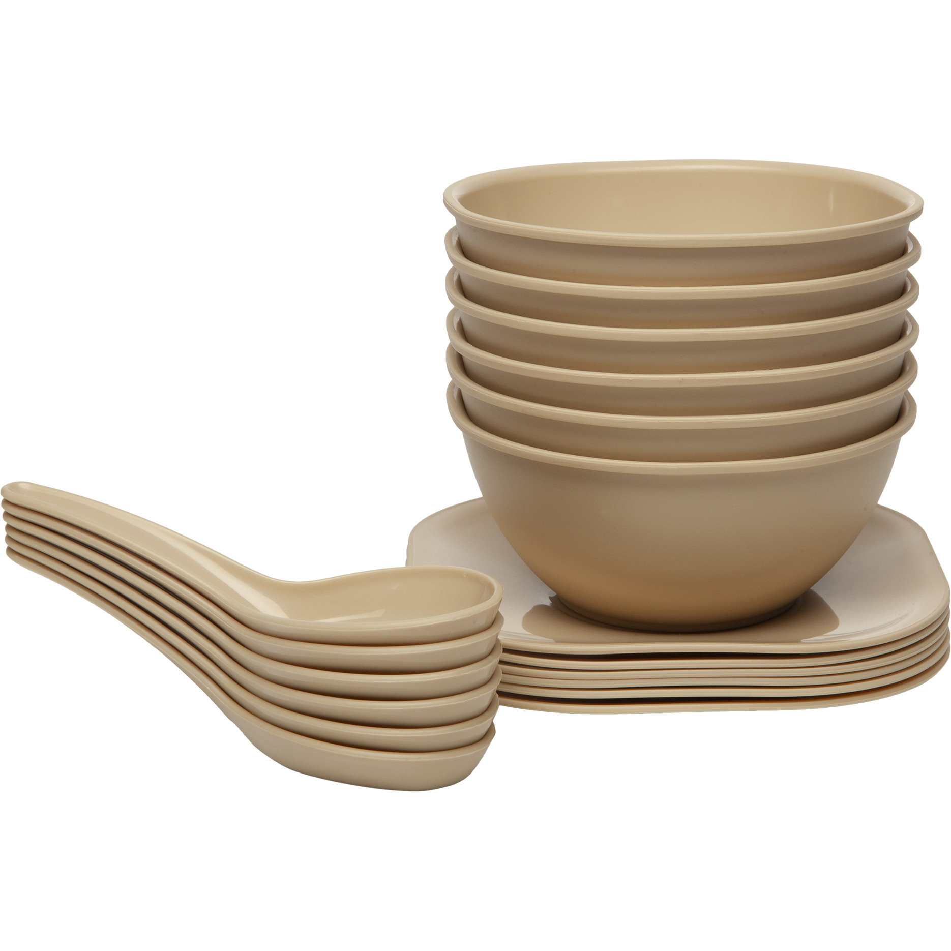 Gluman 18 Pcs Round Soup Bowl Set | 6 Bowls, 6 Spoons & 6 Dishes | Microwave Safe |Beige