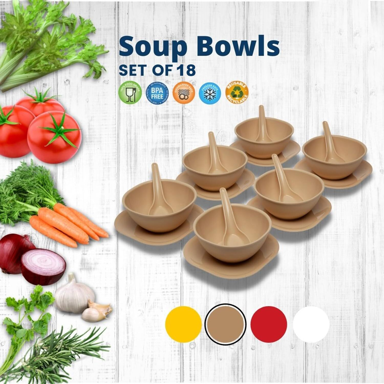 Gluman 18 Pcs Round Soup Bowl Set | 6 Bowls, 6 Spoons & 6 Dishes | Microwave Safe |Beige
