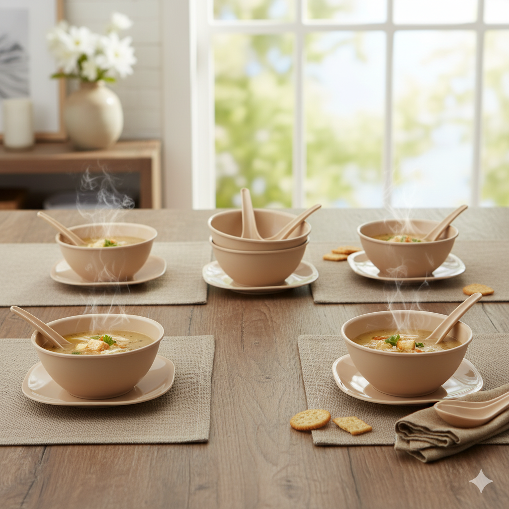 Gluman 18 Pcs Round Soup Bowl Set | 6 Bowls, 6 Spoons & 6 Dishes | Microwave Safe |Beige